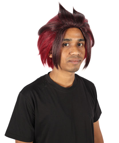 HPO Adult Men'S Short Layered Burgundy Cosplay Wig with Red Markings and Earrings | Anime-Inspired Hair with Cap and Bonus Sticker
