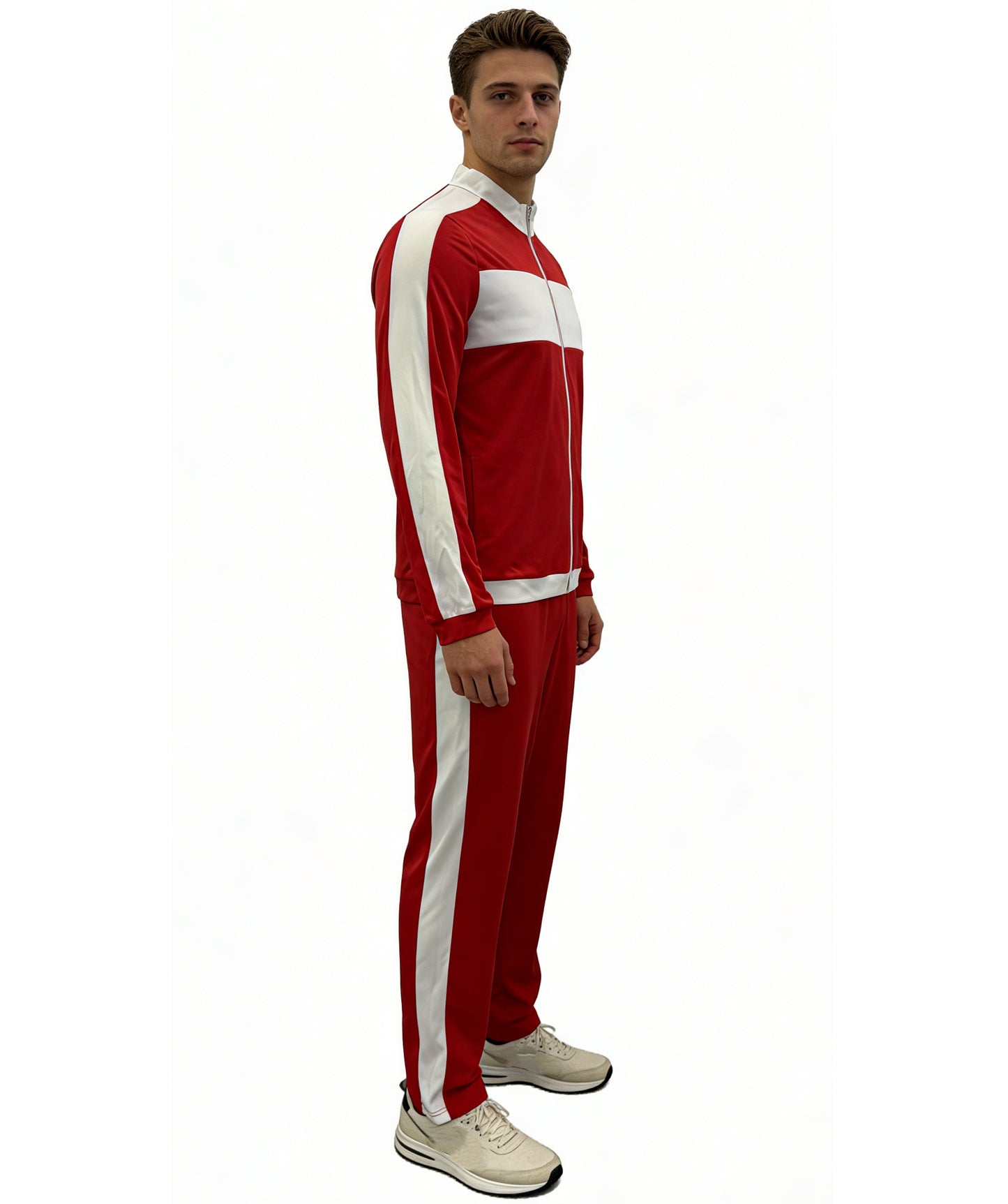 HPO Men's 80s Retro Tracksuit | Vibrant red and white jersey construction featuring a matching zip-up top and track pants | Ideal for party, Halloween, cosplay, theater, drag, performance, costume events
