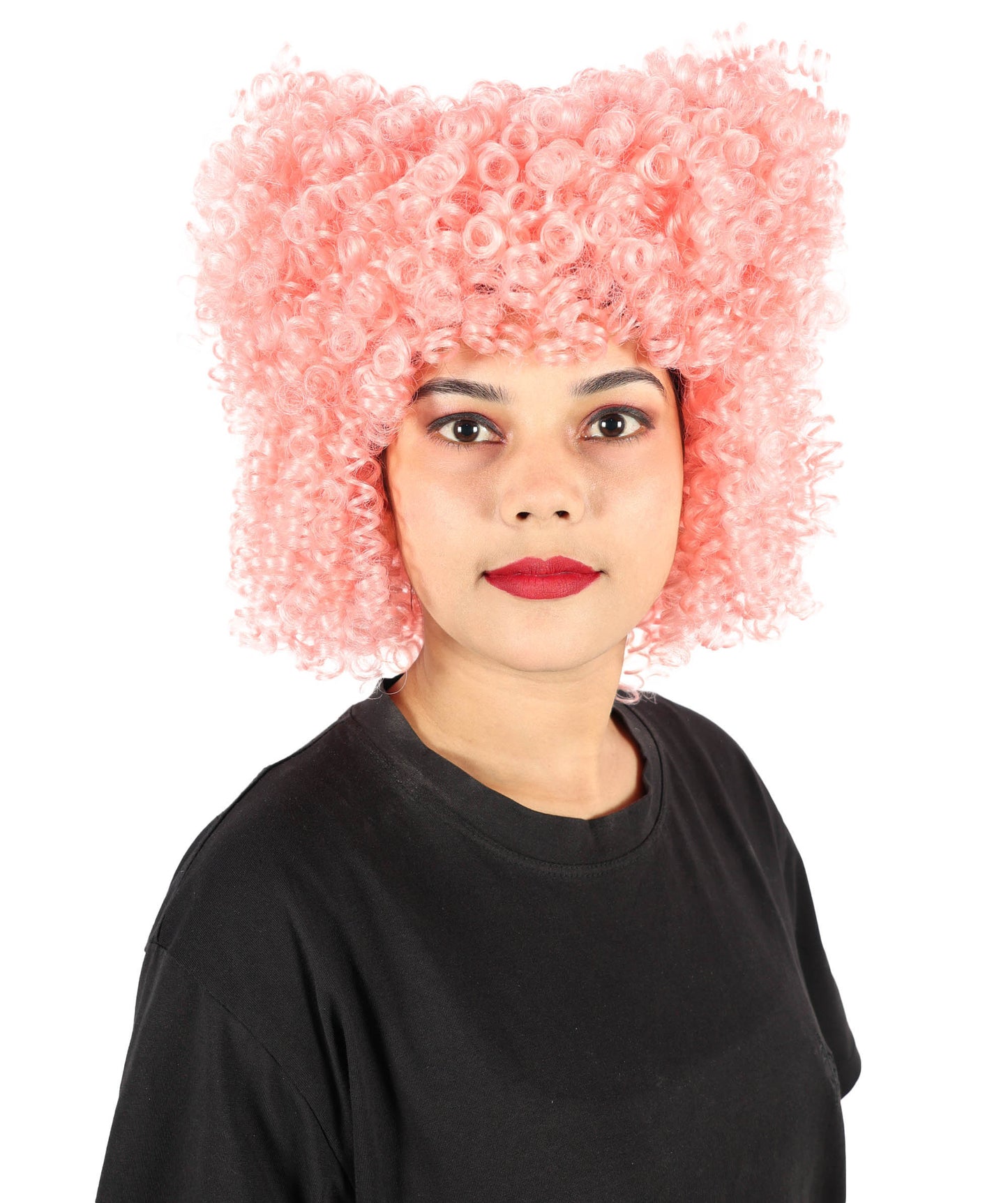 HPO Women’s Creepy Circus Doll Wig | Curly Pink Hairpiece | Adjustable Inner Cap for Halloween, Cosplay, Stage & Parties