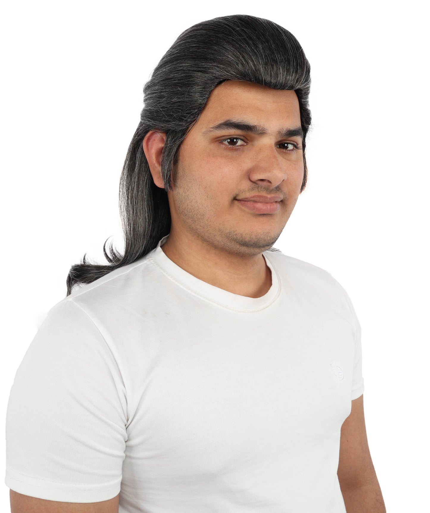 HPO Men's Samurai Warrior Wig | 15 Inch Grey & White Mixed Swept Back Texture Half Ponytail Style | Party Halloween Cosplay Theater Drag Performance Costume Events
