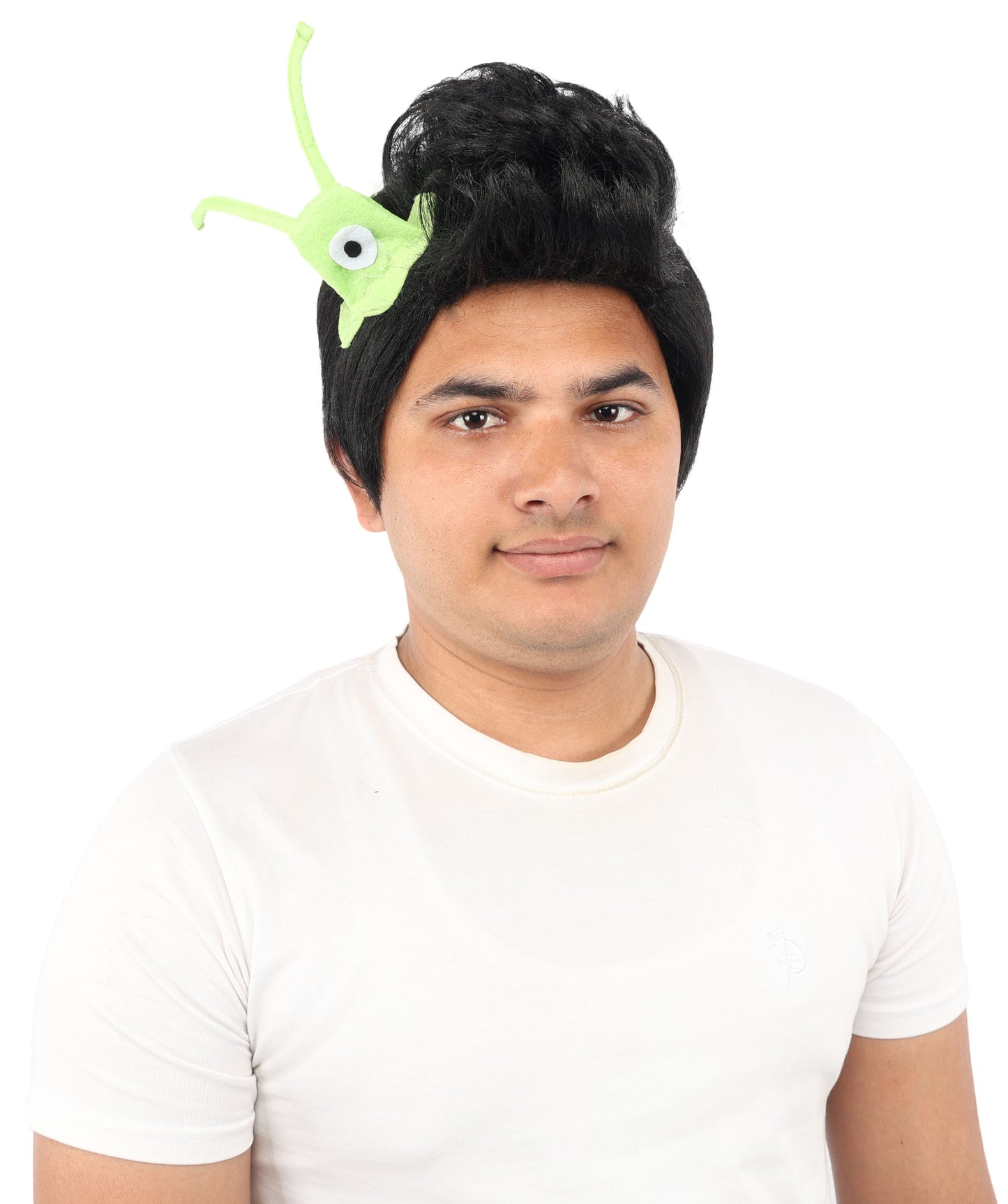 HPO Men's Brain Slug Orange Wig | Medium Spiked Synthetic Hair with Attached Green Alien Plush and Messy Texture | Sci-Fi Cosplay, Halloween, Cartoon Theme Party, and Funny Costume Accessories