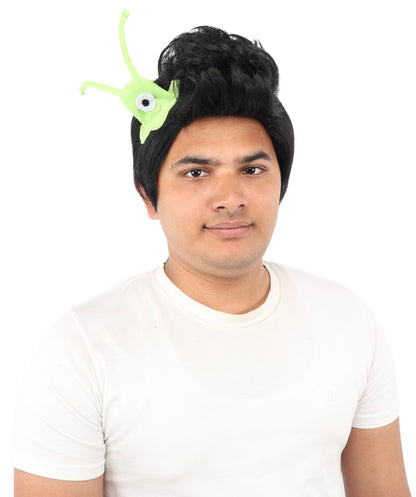 HPO Men's Brain Slug Orange Wig | Medium Spiked Synthetic Hair with Attached Green Alien Plush and Messy Texture | Sci-Fi Cosplay, Halloween, Cartoon Theme Party, and Funny Costume Accessories