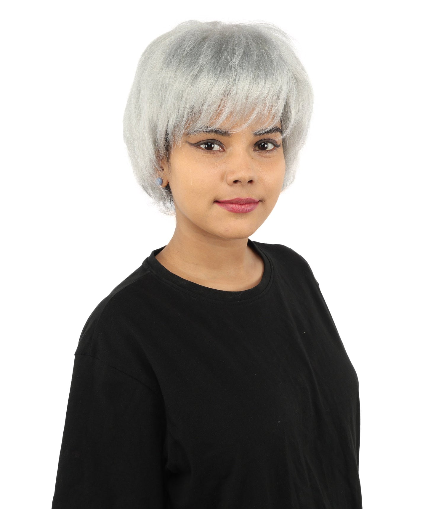 HPO Adult Women's Short Silver White Pixie Wig  | Edgy Layered Cut with Bangs | Synthetic Hair Wig for Stage Fashion, Cosplay, Halloween & Bold Party Looks