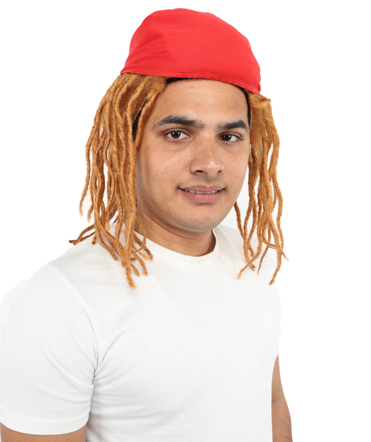 HPO Men's 14 Inch Brown Dreadlock Wig with Red Bandana | Flame-retardant Synthetic Fiber | Lightweight Capless Design for Halloween and Cosplay