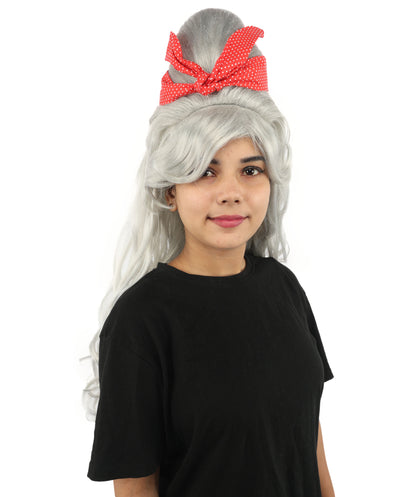 HPO Women’s Retro Beehive Wig with Red Bow | Multicolor Options | Extra Long Wavy Fancy Dress Accessory | Fancy Dress Accessory | Celebrity-Inspired Hair for Halloween, Cosplay & Music Tribute Parties