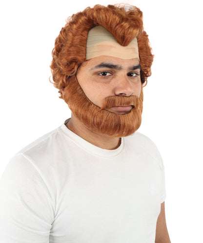 HPO Men’s Short Brown Curly Wig Beard & Mustache Set – Messy Sleepy Style Wig with Natural Afro Curls | Animated Movie-Inspired for Halloween & Cosplay Characters