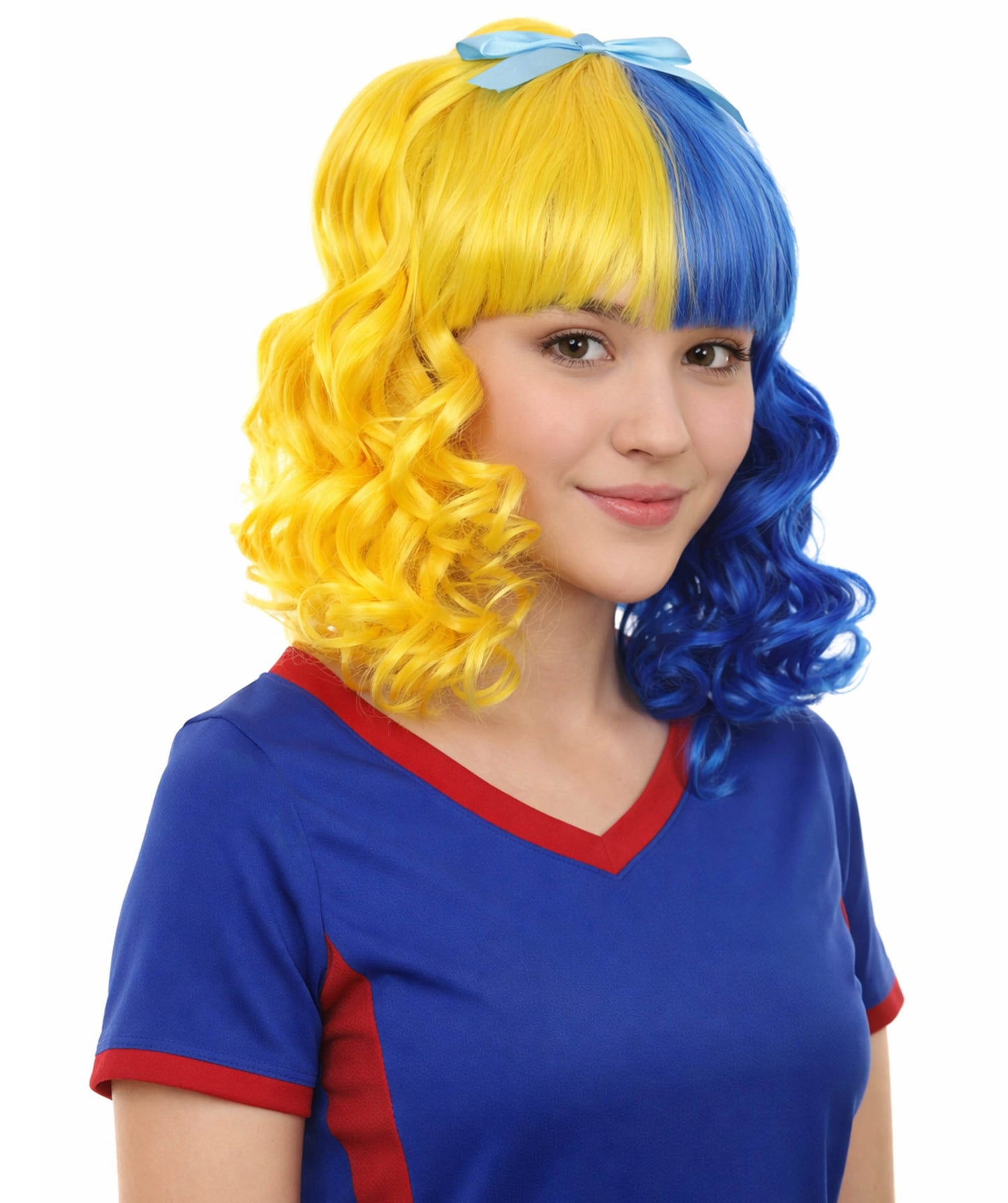 Bright Night Wig | Blue Yellow Curly Halloween Wig | Premium Breathable Capless Cap