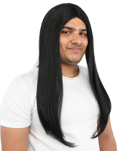 HPO Men’s Middle Part Black Straight Wig | High Heat-Resistant Synthetic Hair | Sleek Rock Star Style for Cosplay, Stage & Halloween