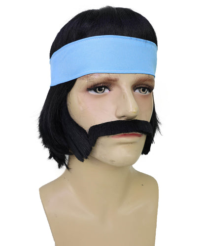 Men's Hippie with Hair Wig, Sideburns & Mustache With Headband – Retro 60s Set | Breathable Capless Cap