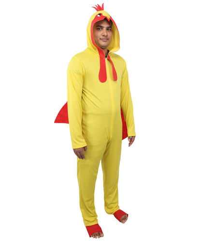 HPO Men’s Chicken Yellow & Red Costume – Soft Plush Feather One Piece Suit with Headpiece | Creature Outfit for Theme Nights & Parites
