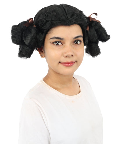 HPO Women's Golden White Mixed Curly Pigtail Wig | Messy Ringlet Twin Tails with Attached Fabric Ribbons, Synthetic Fiber & Breathable Cap | Halloween, Movie Character Roleplay, Costume Party & Theater