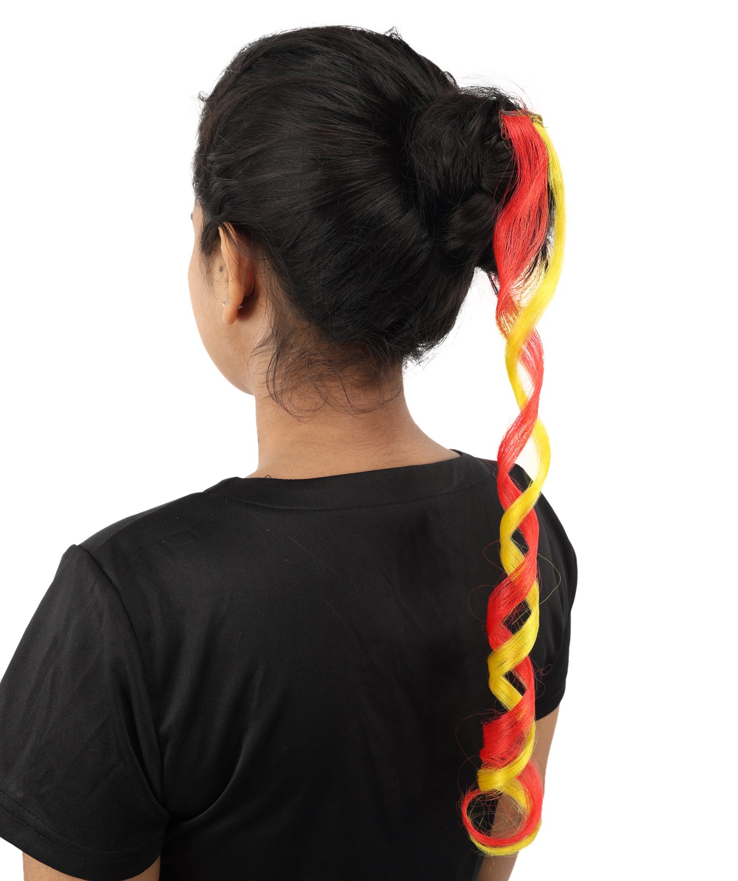 HPO Women's Spain Flag Hair Extension | Coiled red and yellow synthetic fibers featuring a twisted attachment design | Ideal for party, Halloween, cosplay, theater, drag, performance, costume events