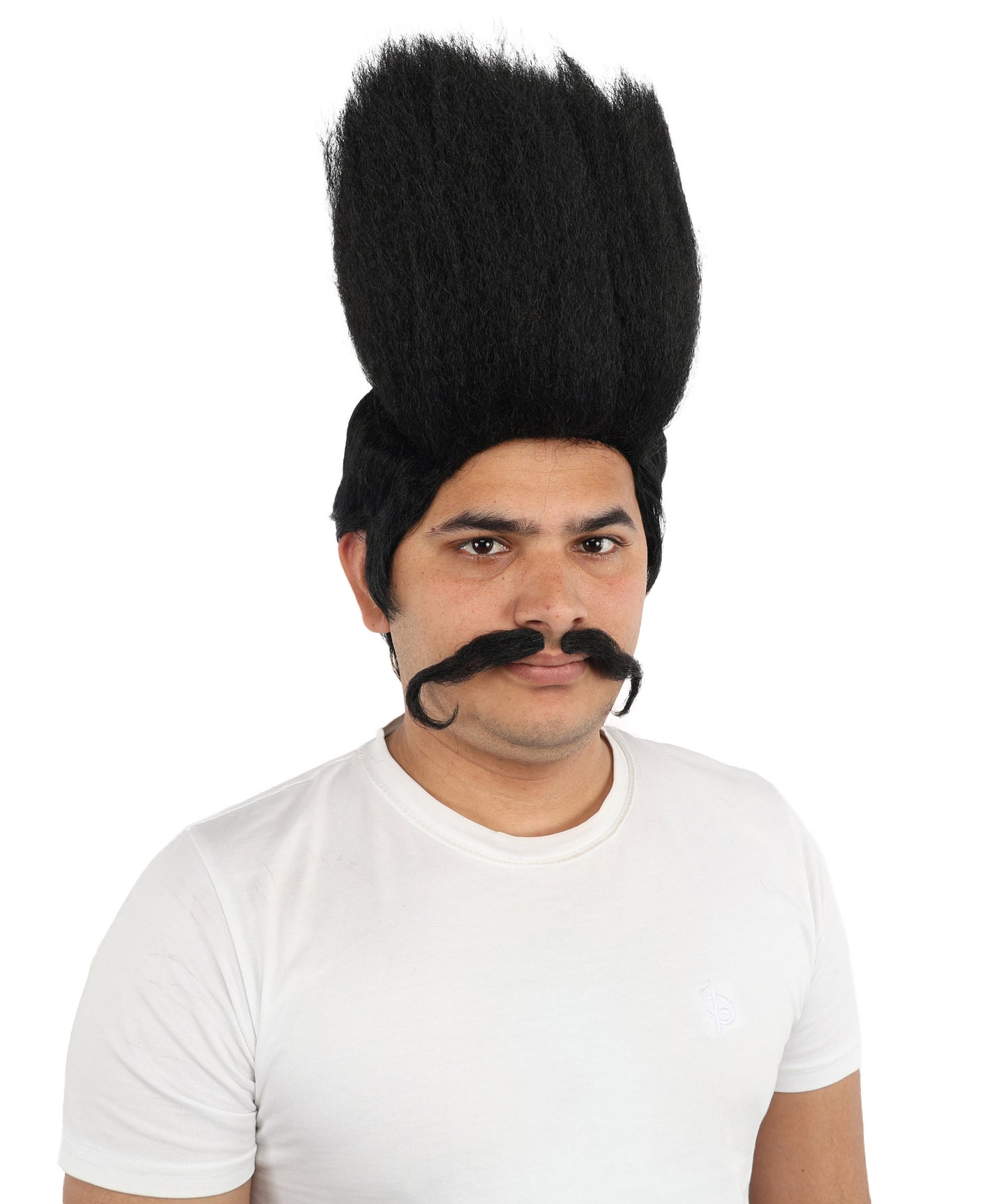 HPO Men's Tall Flat Top Wig and Mustache | Vertical Dark Pompadour with Long Handlebar Facial Hair, Synthetic Fiber & Breathable Net | Halloween, Carnival, Stage Performance & Roleplay