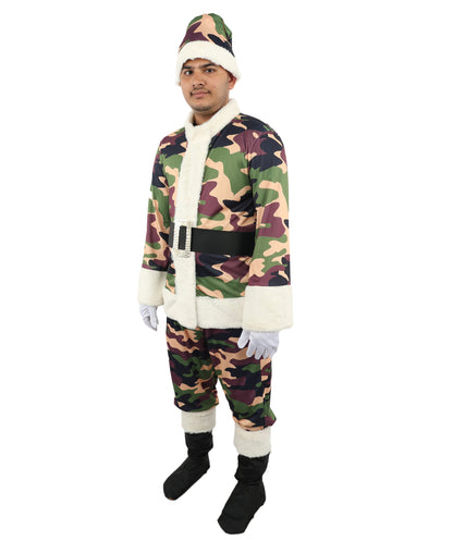 HPO Men's Camouflage Santa Costume | Plush Faux Fur Trimmed Jacket and Pants with Matching Hat | Ideal for Halloween, Theater, Drag, and Outdoor Holiday Events