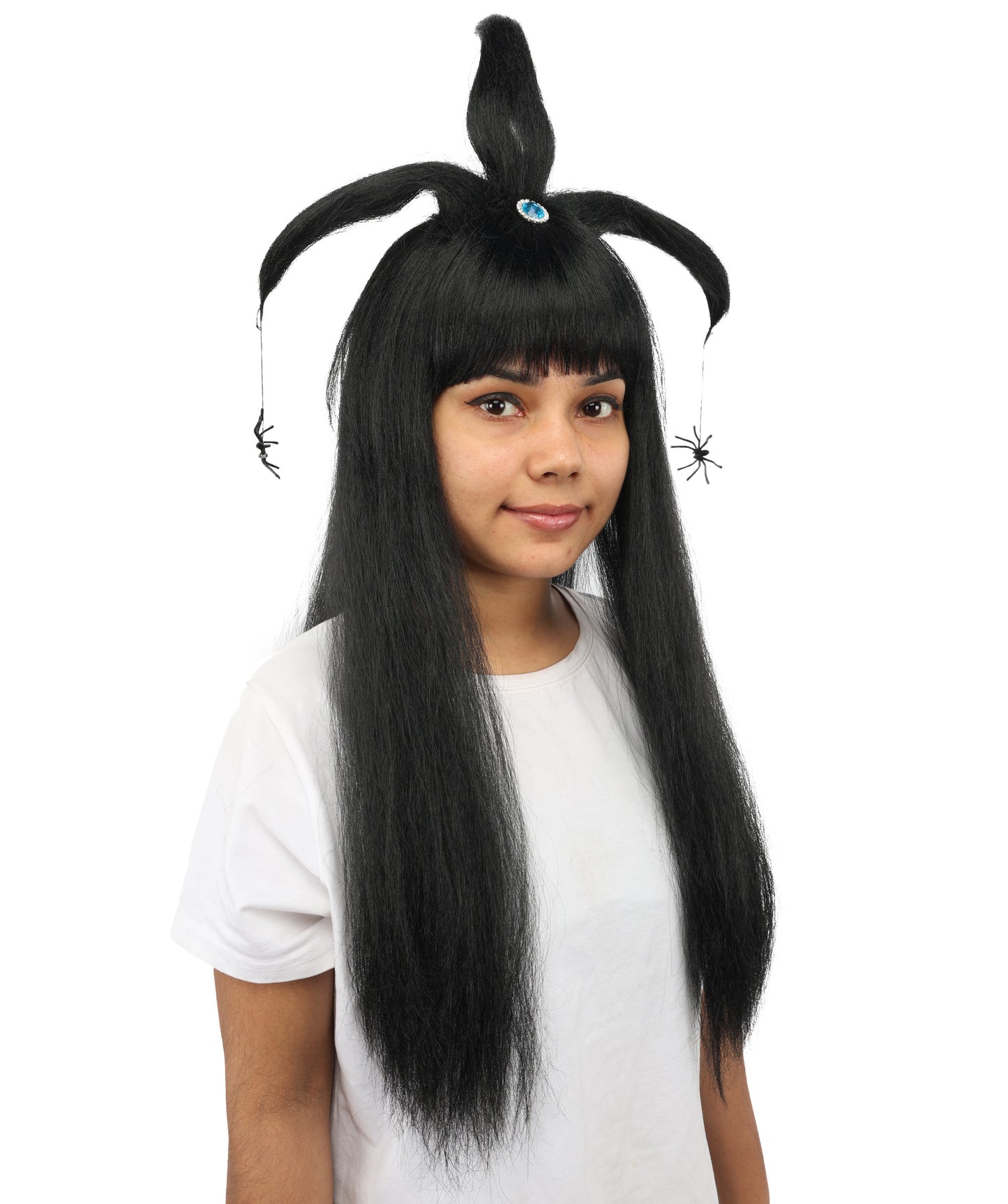 HPO Women's Spider Gothic Sculpted Wig | Monochromatic midnight black, create of synthetic fiber, architectural spider-leg loops with blunt bangs, breathable base | Party, Halloween, theater, drag, performance, costume events