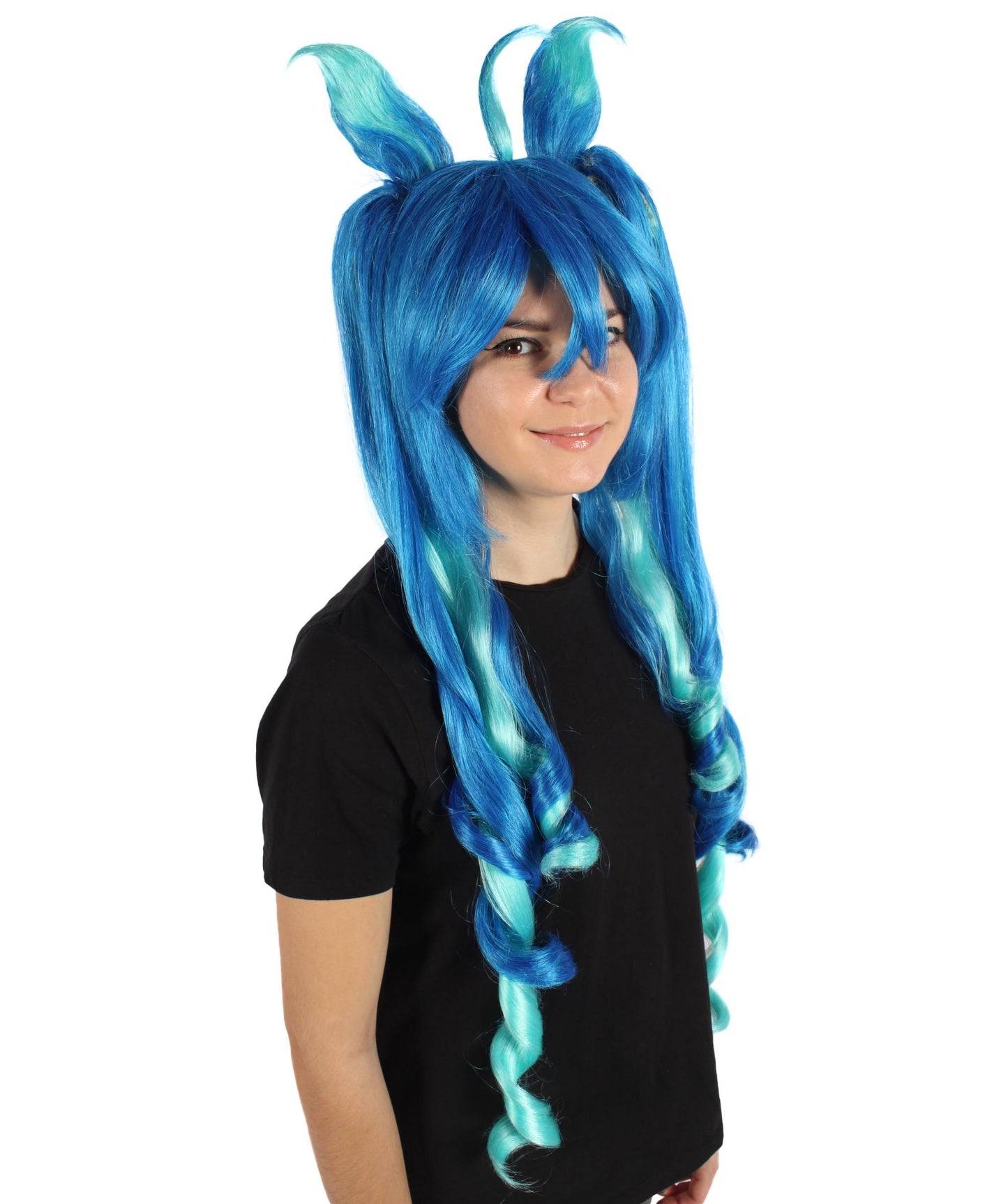 HPO Women's Dark Blue Turbo Game Extra Long Wig, Perfect for Halloween, Flame-retardant Synthetic Fiber