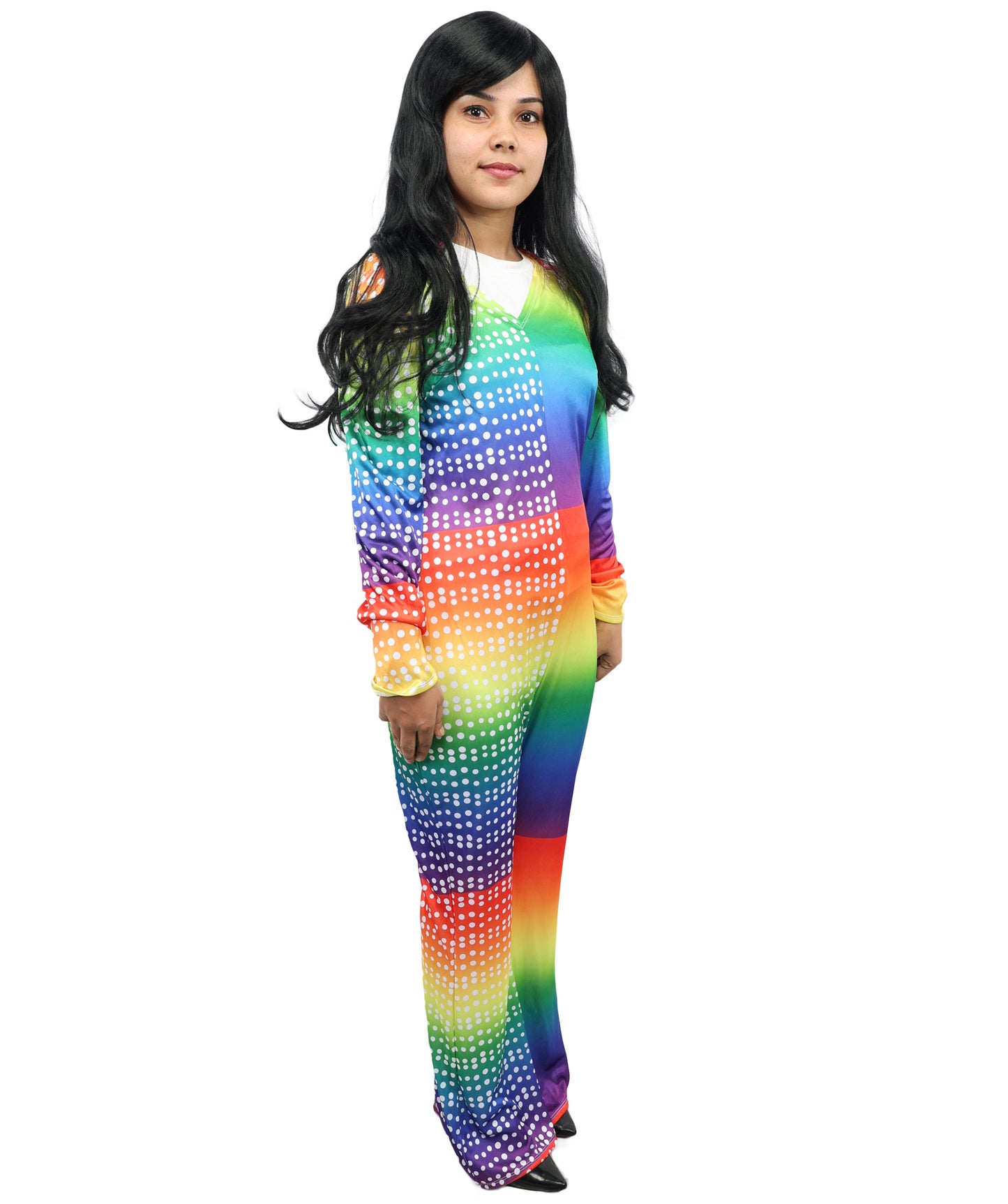 HPO Women’s Vivid Rainbow Disco Bodysuit – Multicolor Stretch Jumpsuit for Retro 70s, Funk, Festival & Dance Party Costumes | Long Sleeve Full Body Outfit with Flared Legs