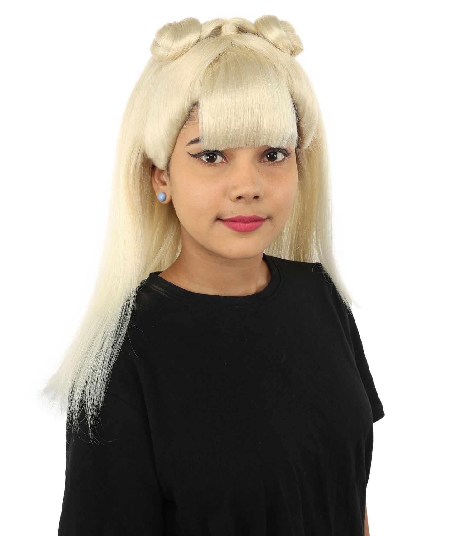 HPO Women's Brown & Pink Half Updo Bangs Wig | Create of synthetic fiber, blunt fringe with top bow, breathable base | Party, Halloween, theater, drag, performance, costume events
