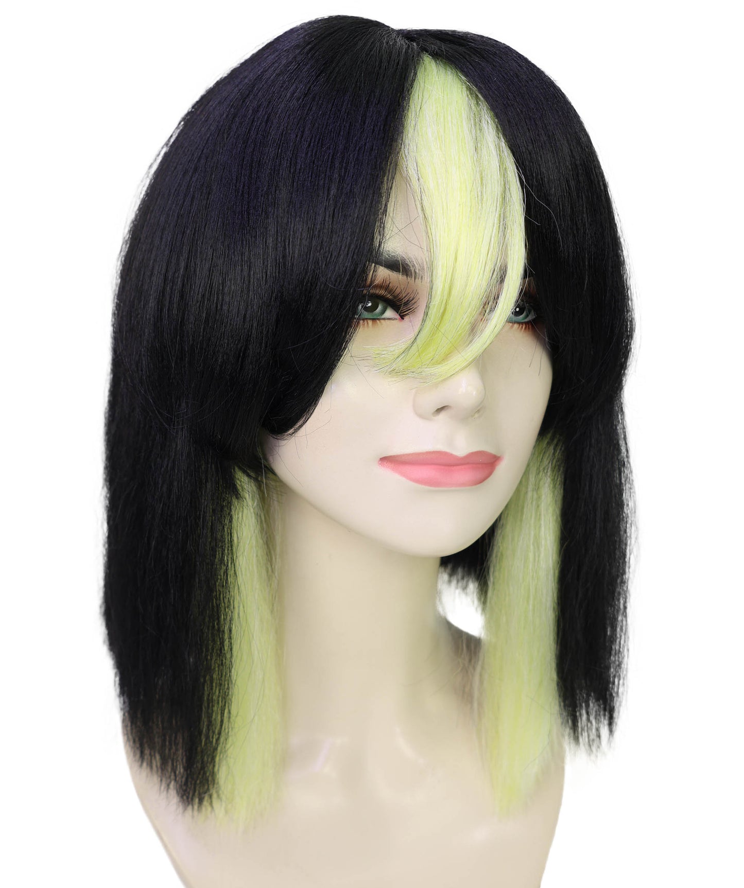 Women's Short Straight Black With Green Mixed Wig | Synthetic Costume Hairpiece with Breathable Capless Cap for Parties