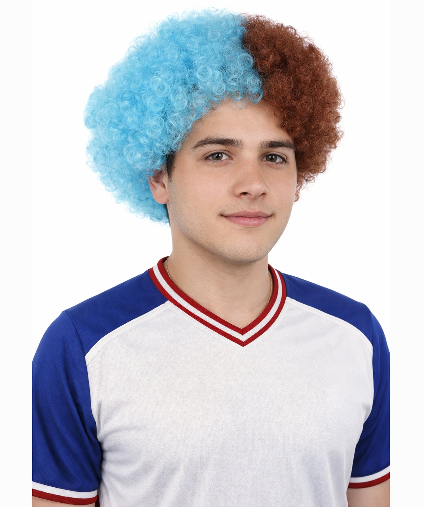 HPO Split Tone Curly Wig | Wine and Sky Blue Kinky Texture Flame-retardant Synthetic Fiber | Halloween Themed Party Sports Rally Fan Prop