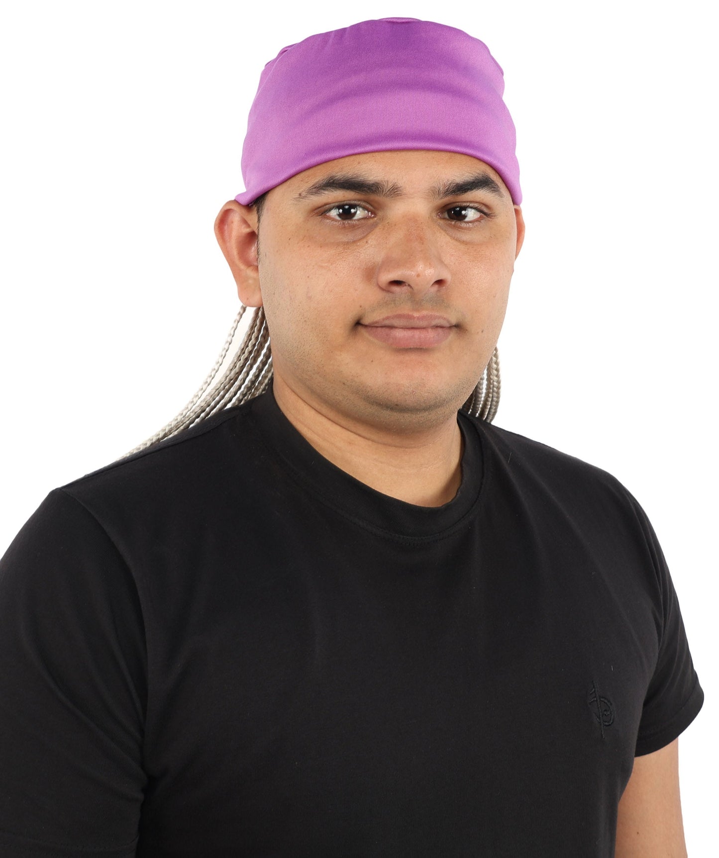 Men’s Movie Character Inspired Black Braided Wig with Purple Head Wrap Hat | Flame-retardant Synthetic Fiber | Ideal Hairpiece for Cosplay & Halloween