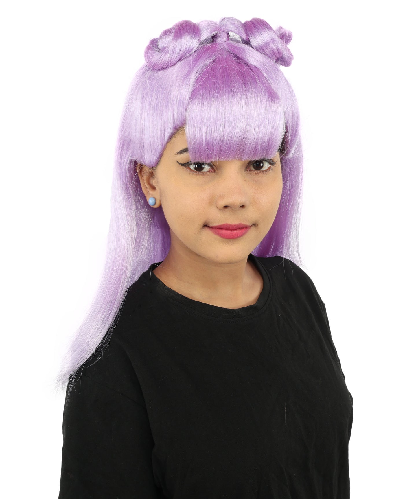HPO Women's Brown & Pink Half Updo Bangs Wig | Create of synthetic fiber, blunt fringe with top bow, breathable base | Party, Halloween, theater, drag, performance, costume events