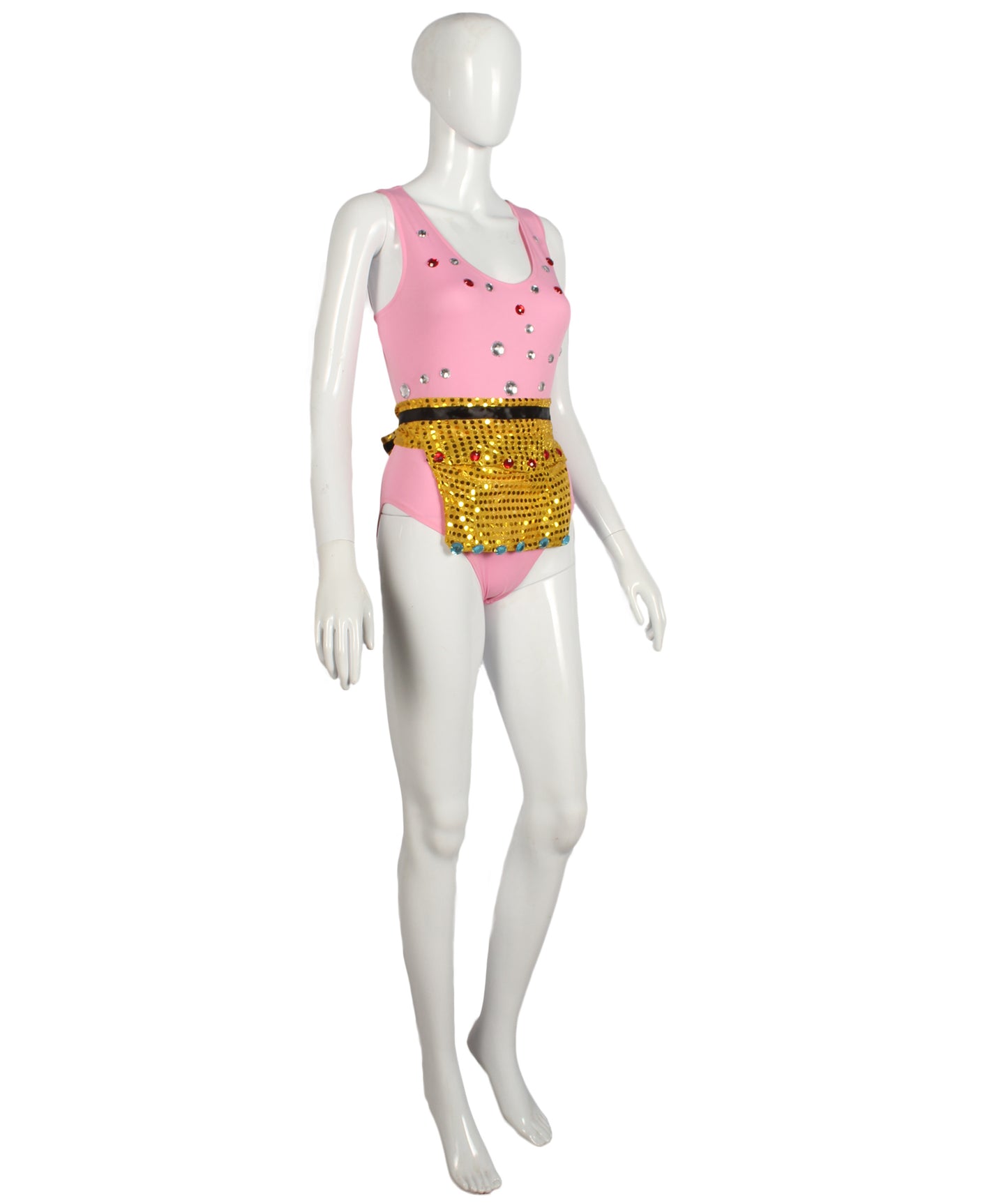 Pryzm Femme Jewel Suit with Matching Fanny pack - Baby Pink Suit with Ruby and Silver Jewels with Gold Bejewled Fanny pack