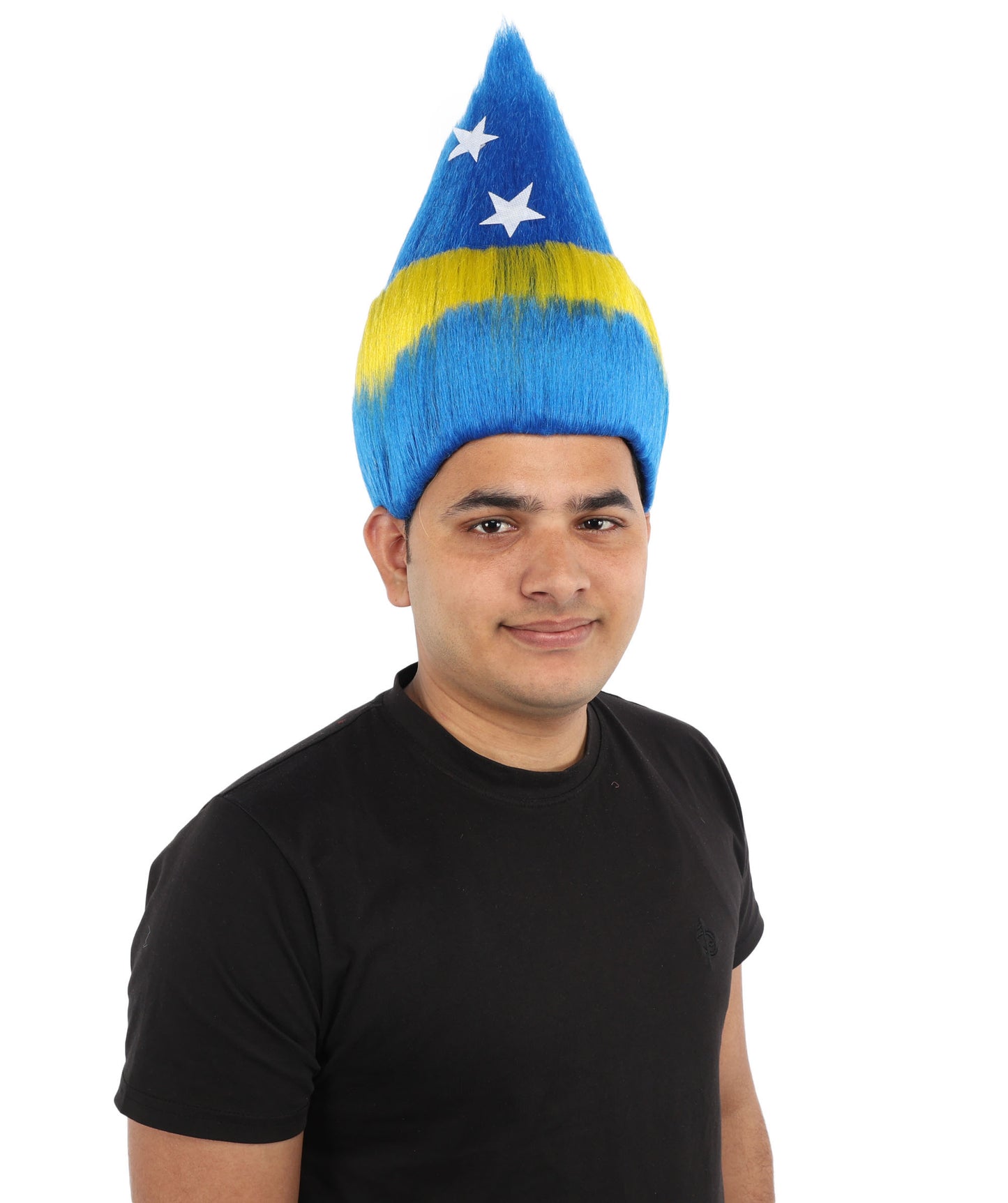 HPO Unisex Curacao Flag Multicolor Troll Wig | 15 Inch Upright Spiked Texture Breathable Fit | Sports Event National Holiday Parade Soccer Match Fan Gear