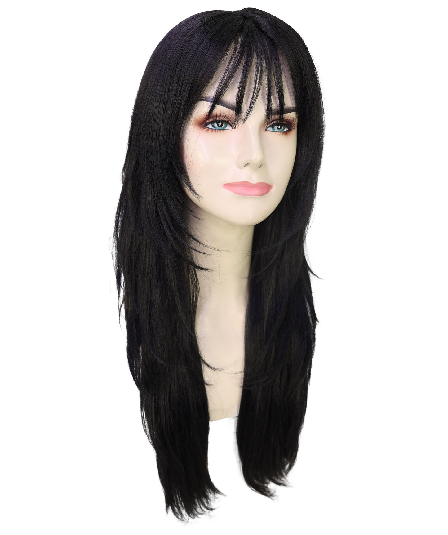 HPO Adult Womens Sleek Black Wig with Layered Cut & Wispy Bangs | Celebrity Inspired Long Hair Look | Ideal for Halloween | Breathable Cap