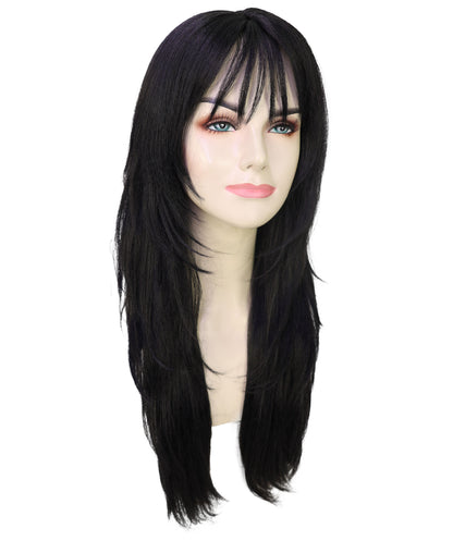 HPO Adult Womens Sleek Black Wig with Layered Cut & Wispy Bangs | Celebrity Inspired Long Hair Look | Ideal for Halloween | Breathable Cap