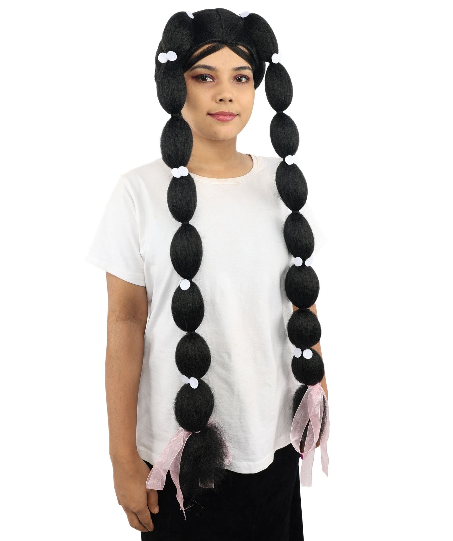 Adult Women's Celebrity-Inspired Black Triple Braid Wig | Extra Long Braided Hairpiece with Clips & Ribbons | Ideal for Styled Looks, Halloween and Cosplay