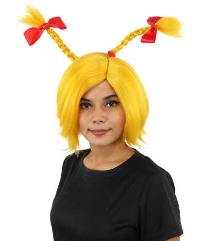 HPO Women's Triple Antenna Bow Wig | Yellow synthetic fibers with structural upright braids red ribbons and capless base | Essential for theatrical stage drag performance costume events and party