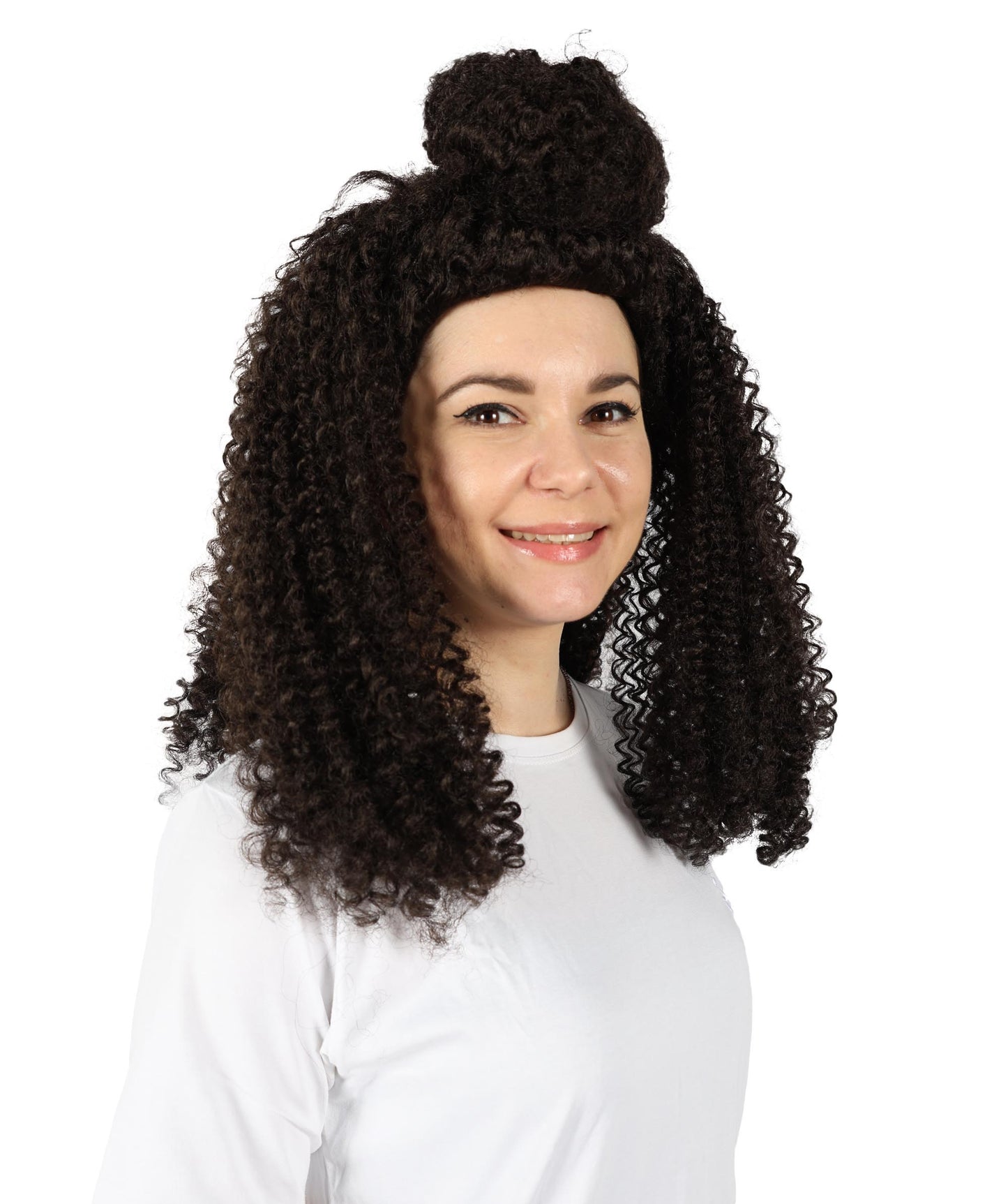HPO Adult Women’s Voluminous Medium Brown Curly Half-Up Wig | Halloween and Cosplay Wig | Flame-retardant Synthetic Fiber