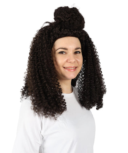 HPO Adult Women’s Voluminous Medium Brown Curly Half-Up Wig | Halloween and Cosplay Wig | Flame-retardant Synthetic Fiber