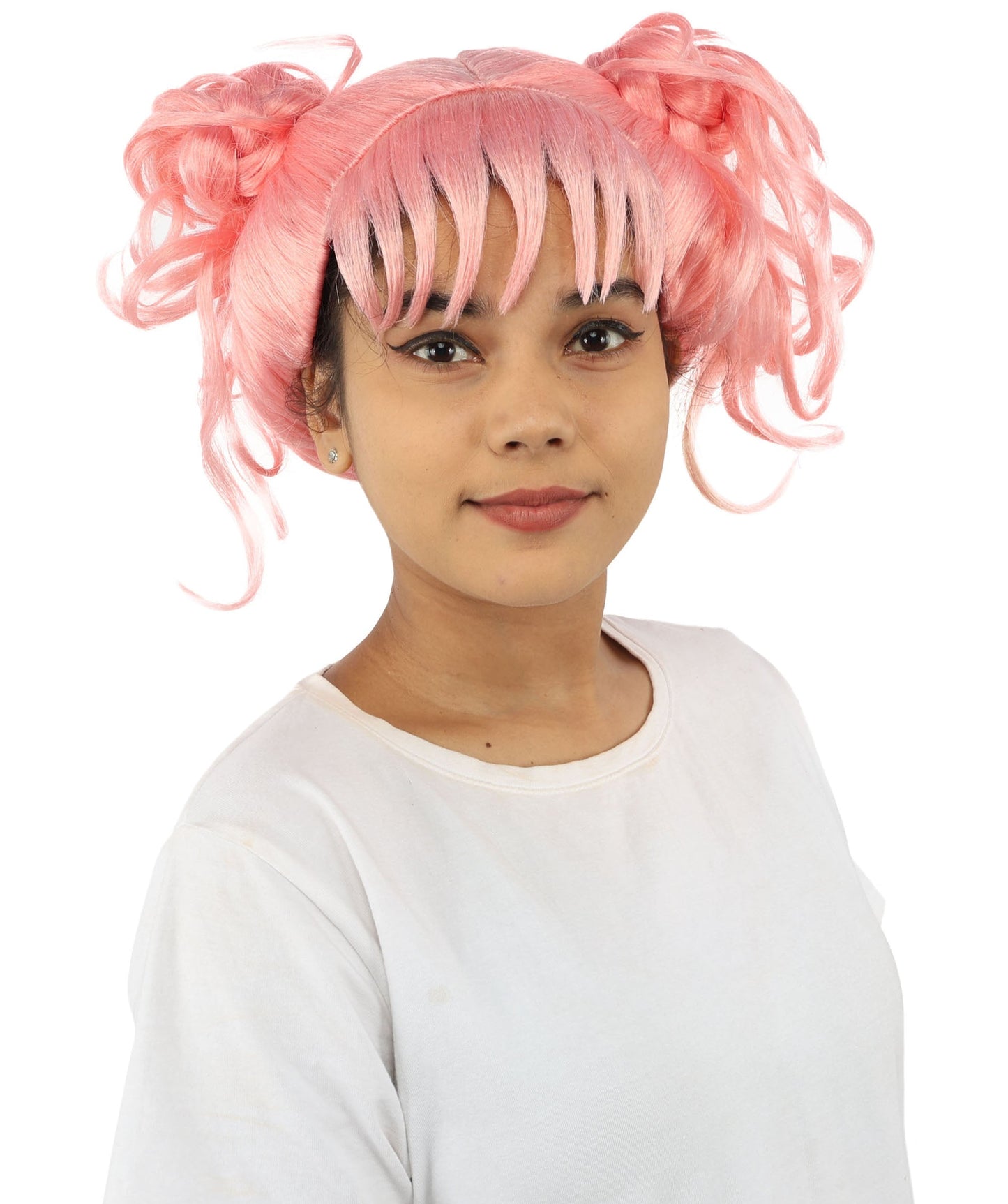 HPO Adult Women’s Messy Twin Bun Wig with Graphic Bangs | Multiple Color Options | Edgy Wig for Cosplay, Fashion Events, Halloween & Stage Wear | Adjustable Cap, Lightweight Synthetic Fiber