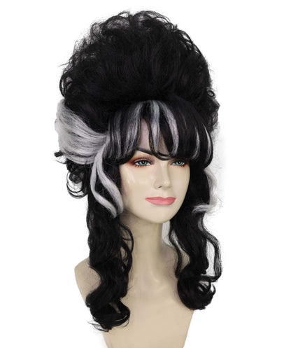 HPO Adult Frankenstein Beehive Wig for Women | Halloween Updo Wig with White Streaks | Black Synthetic Hair | Flame-Retardant | Capless Cap | Horror Bride Costume Wig