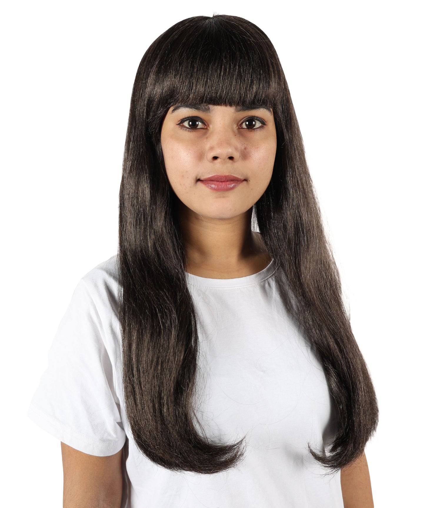 HPO Women’s Long Straight Black Wig with Bangs | Flame-retardant Synthetic Fiber | Classic Retro-Inspired Costume Hairpiece