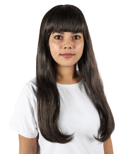 HPO Women’s Long Straight Black Wig with Bangs | Flame-retardant Synthetic Fiber | Classic Retro-Inspired Costume Hairpiece