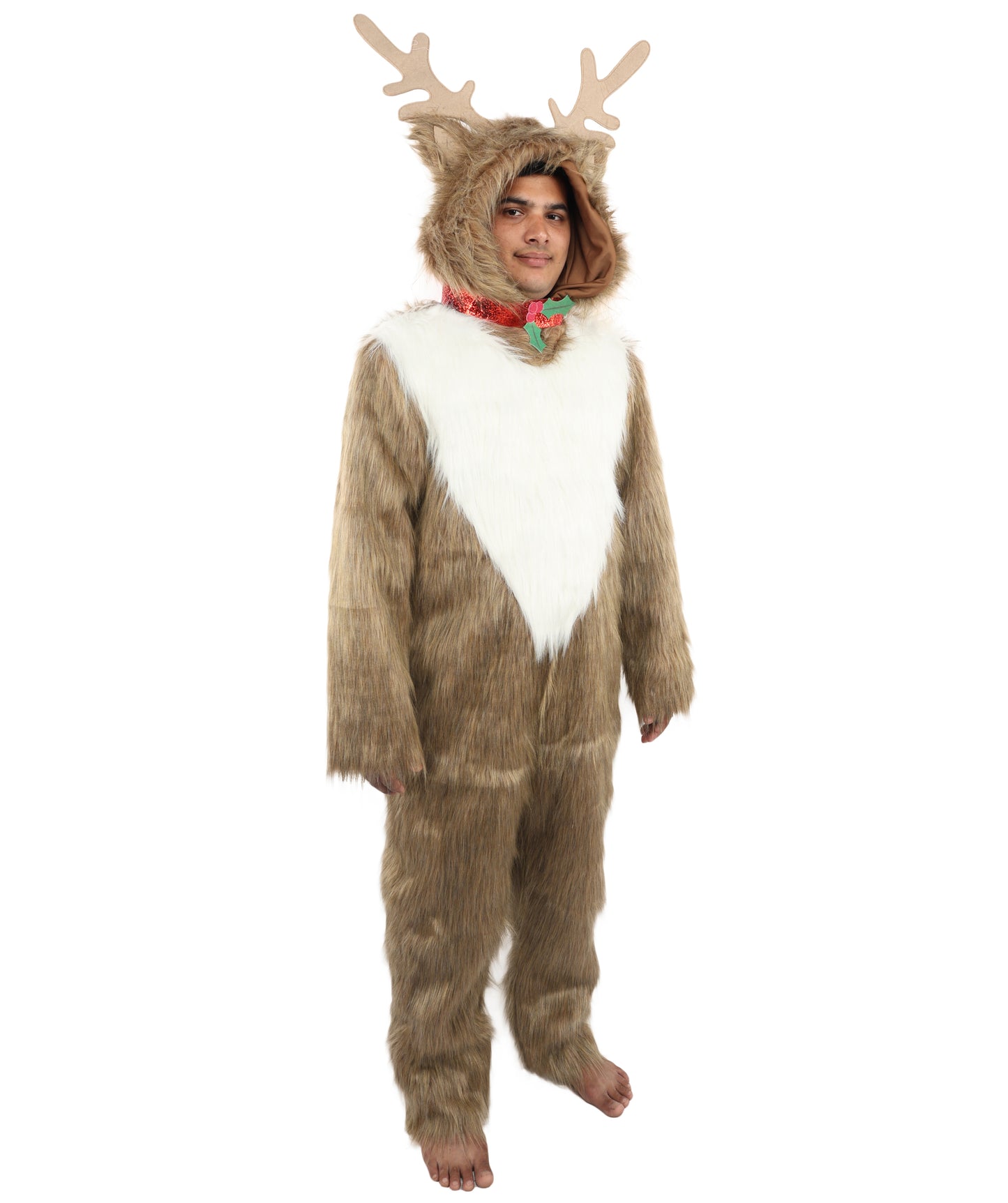 HPO Unisex Reindeer Brown & White Costume | Plush Holiday Outfit with Antlers & Hoof Gloves | Perfect for Christmas, Parties & Festive Events
