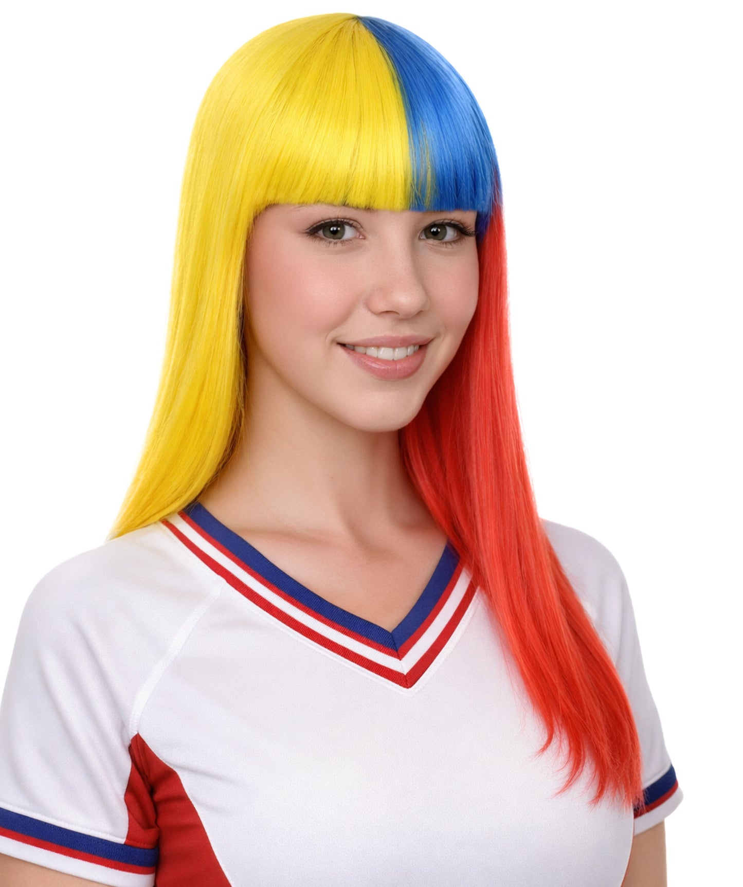 Colombia Flag Sport Party Long Bob Wig | Patriotic Character Halloween Wig | Premium Breathable Capless Cap