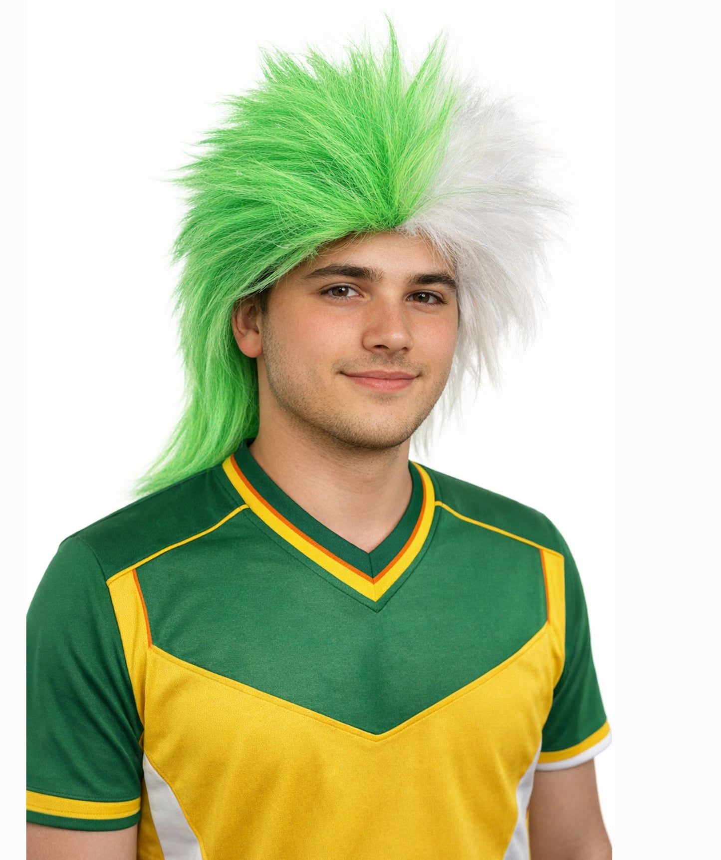 HPO Men's Green and White Sports Wig | Split Color Spiky Mullet Style Flame-retardant Synthetic Fiber | Halloween Themed Party St Patrick's Day Fan Gear