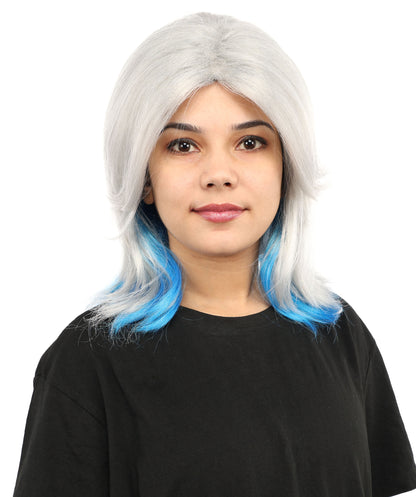 HPO Women's Medium Layered Bob Wig | Ash Gray to Blue Ombre Synthetic Hairstyle for Cosplay, Festivals, Stage Shows,  Parties & Photoshoots