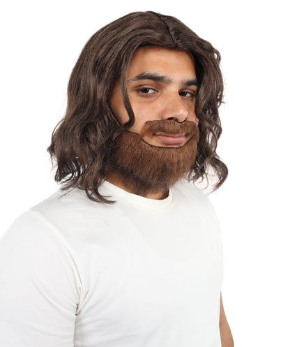 HPO Long Brown Wavy Wig Beard & Mustache Set for Men – Rugged Look Costume Accessory | Ideal for Post-Apocalyptic Themed Events, Fancy Dress & Cosplay
