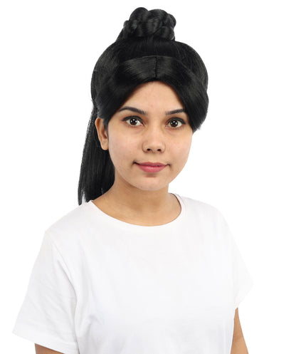 HPO Women's Warrior Bun Wig | Sleek Black Texture Intricate Top Knot 16 Inch Length | Party Halloween Cosplay Theater Drag Performance Costume Events