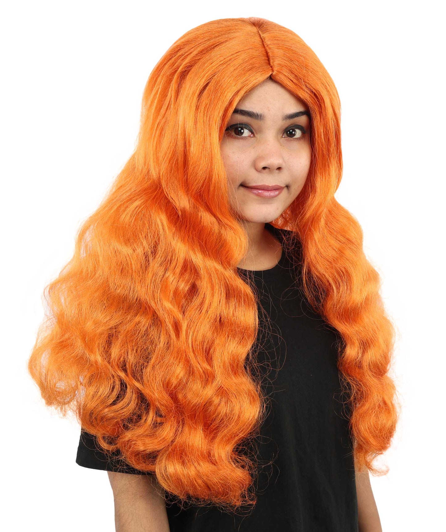 HPO Women's Long Orange Wavy Wig | Center Parted Ginger Curls with Voluminous Ends, Heat Resistant Synthetic Fiber & Breathable Cap | Halloween, Teen Roleplay, Theater, Themed Party & Costume Events