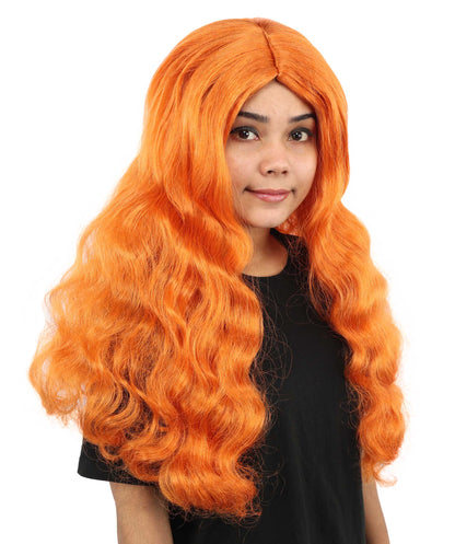 HPO Women's Long Orange Wavy Wig | Center Parted Ginger Curls with Voluminous Ends, Heat Resistant Synthetic Fiber & Breathable Cap | Halloween, Teen Roleplay, Theater, Themed Party & Costume Events