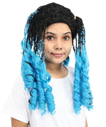 HPO Women’s Long Ombre Blue & Black Braided Wig | Gradient Synthetic Braids for Cosplay & Halloween | Lightweight Capless Cap Design