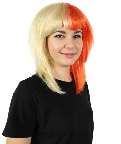 HPO Women’s Two-Tone Red and Blonde Mullet Wig | Edgy Shaggy Cut Cosplay & Fashion Wig | Retro-Inspired Rocker Wig with Layers and Bangs | Synthetic Fiber