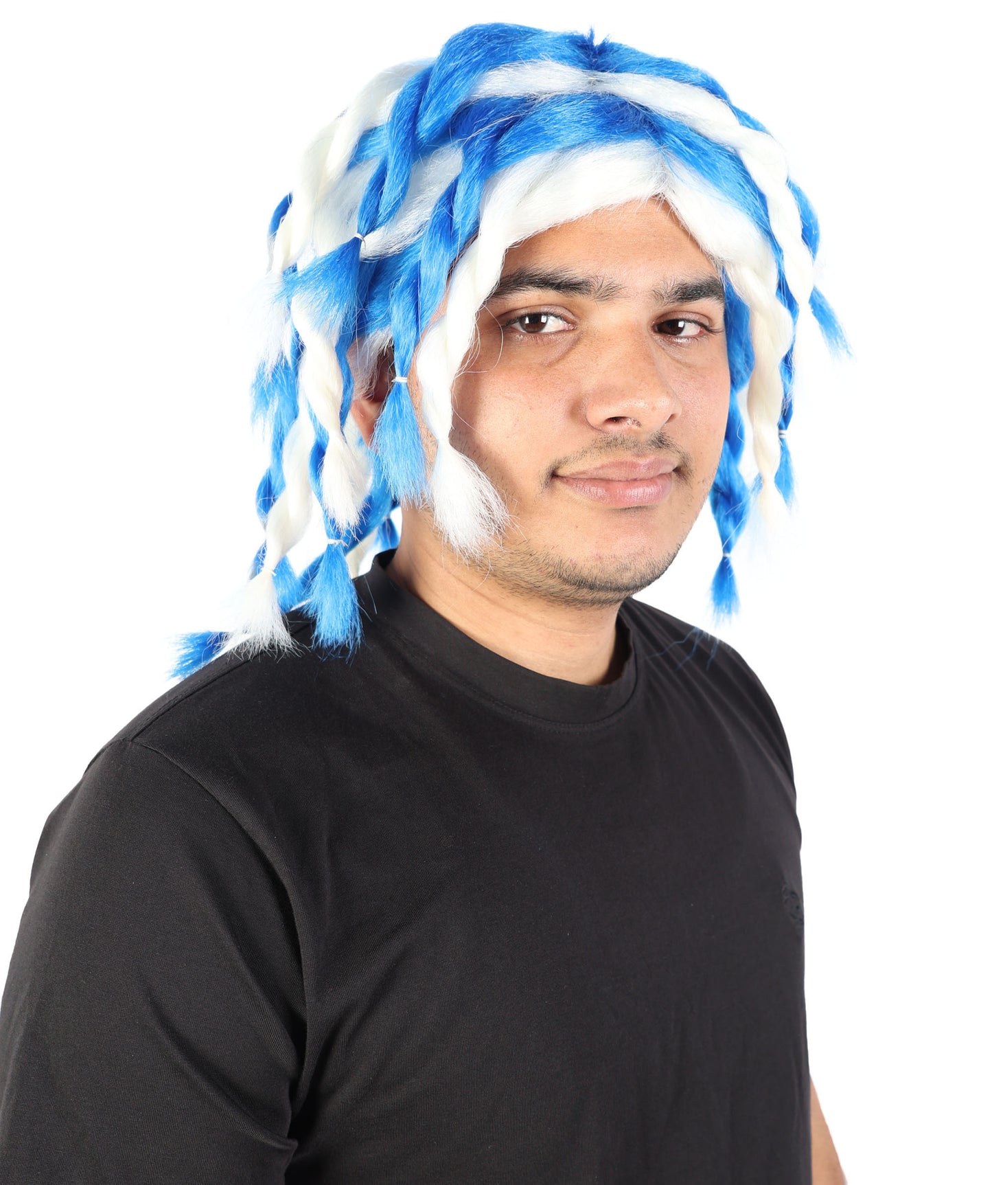 HPO Men's Braided Rasta Dreadlocks Blue & White Wig | Medium Synthetic Hairpiece | Cosplay, Halloween, Party & Stage Costume