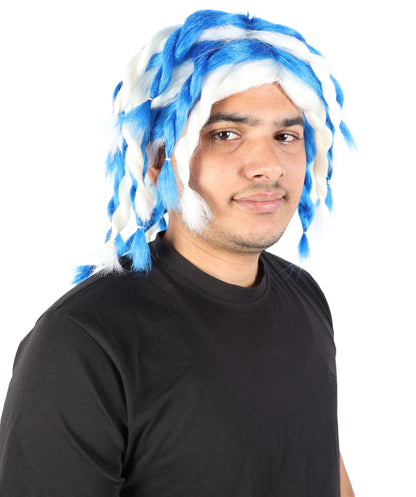 HPO Men's Braided Rasta Dreadlocks Blue & White Wig | Medium Synthetic Hairpiece | Cosplay, Halloween, Party & Stage Costume